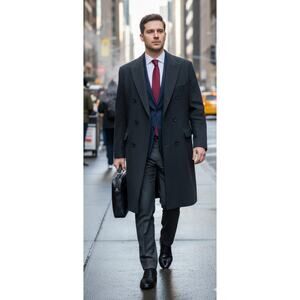 VTG Foreman & Clark Dark Gray Cashmere Wool Blend Double Breasted Overcoat 46R